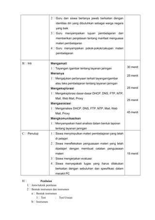 2 Guru dan siswa bertanya jawab berkaitan dengan
identitas diri yang dibutuhkan sebagai warga negara
yang baik
3 Guru menyampaikan tujuan pembelajaran dan
memberikan penjelasan tentang manfaat menguasai
materi pembelajaran
4 Guru menyampaikan pokok-pokok/cakupan materi
pembelajaran
B Inti Mengamati
1 Tayangan /gambar tentang layanan jaringan
Menanya
1 Mengajukan pertanyaan terkait tayangan/gambar
atau teks pembelajaran tentang layanan jaringan
Mengeksplorasi
1 Mengeksplorasi dasar-dasar DHCP, DNS, FTP, NTP,
Mail, Web Mail, Proxy
Mengasosiasi
1 Menganalisis DHCP, DNS, FTP, NTP, Mail, Web
Mail, Proxy
Mengkomunikasikan
1 Menyampaikan hasil analisis dalam bentuk laporan
tentang layanan jaringan
30 menit
25 menit
25 menit
25 menit
45 menit
C Penutup 1 Siswa menyimpulkan materi pembelajaran yang telah
di pelajari
2 Siswa merefleksikan penguasaan materi yang telah
dipelajari dengan membuat catatan penguasaan
materi
3 Siswa mengerjakan evaluasi
4 Siswa menyepakati tugas yang harus dilakukan
berkaitan dengan sebutuhan dan spesifikasi dalam
merakit PC
15 menit
H Penilaian
1 Jenis/teknik penilaian
2 Bentuk instrumen dan instrumen
a Bentuk instrumen
1 Test : Test Uraian
b Instrumen
 