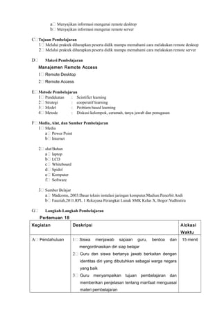 a Menyajikan informasi mengenai remote desktop
b Menyajikan informasi mengenai remote server
C Tujuan Pembelajaran
1 Melalui praktek diharapkan peserta didik mampu memahami cara melakukan remote desktop
2 Melalui praktek diharapkan peserta didik mampu memahami cara melakukan remote server
D Materi Pembelajaran
Manajemen Remote Access
1 Remote Desktop
2 Remote Access
E Metode Pembelajaran
1 Pendekatan : Scintifict learning
2 Strategi : cooperatif learning
3 Model : Problem based learning
4 Metode : Diskusi kelompok, ceramah, tanya jawab dan penugasan
F Media, Alat, dan Sumber Pembelajaran
1 Media
a Power Point
b Internet
2 alat/Bahan
a laptop
b LCD
c Whiteboard
d Spidol
e Komputer
f Software
3 Sumber Belajar
a Madcoms, 2003.Dasar teknis instalasi jaringan komputer.Madiun:Penerbit Andi
b Fauziah,2011.RPL 1 Rekayasa Perangkat Lunak SMK Kelas X, Bogor:Yudhistira
G Langkah-Langkah Pembelajaran
Pertemuan 18
Kegiatan Deskripsi Alokasi
Waktu
A Pendahuluan 1 Siswa menjawab sapaan guru, berdoa dan
mengordinasikan diri siap belajar
2 Guru dan siswa bertanya jawab berkaitan dengan
identitas diri yang dibutuhkan sebagai warga negara
yang baik
3 Guru menyampaikan tujuan pembelajaran dan
memberikan penjelasan tentang manfaat menguasai
materi pembelajaran
15 menit
 