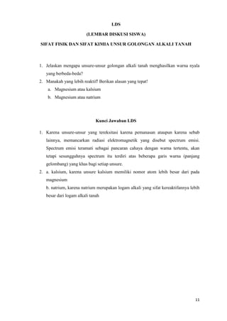 LDS
(LEMBAR DISKUSI SISWA)
SIFAT FISIK DAN SIFAT KIMIA UNSUR GOLONGAN ALKALI TANAH

1. Jelaskan mengapa unsure-unsur golongan alkali tanah menghasilkan warna nyala
yang berbeda-beda?
2. Manakah yang lebih reaktif! Berikan alasan yang tepat!
a. Magnesium atau kalsium
b. Magnesium atau natrium

Kunci Jawaban LDS
1. Karena unsure-unsur yang tereksitasi karena pemanasan ataupun karena sebab
lainnya, memancarkan radiasi elektromagnetik yang disebut spectrum emisi.
Spectrum emisi teramati sebagai pancaran cahaya dengan warna tertentu, akan
tetapi sesungguhnya spectrum itu terdiri atas beberapa garis warna (panjang
gelombang) yang khas bagi setiap unsure.
2. a. kalsium, karena unsure kalsium memiliki nomor atom lebih besar dari pada
magnesium
b. natrium, karena natrium merupakan logam alkali yang sifat kereaktifannya lebih
besar dari logam alkali tanah

11

 