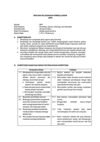 RENCANA PELAKSANAAN PEMBELAJARAN 
(RPP) 
Sekolah : SMP 
Mata Pelajaran : Pendidikan Jasmani, Olahraga, dan Kesehatan 
Kelas/Semester : VII (tujuh)/I (Satu) 
Materi Pembelajaran : aktivitas gerak berirama 
Alokasi Waktu : 3 JP (1 x Pertemuan) 
A. KOMPETENSI INTI 
1. Menghargai dan menghayati ajaran agama yang dianutnya. 
2. Menghargai dan Menghayati perilaku jujur, disiplin, tanggungjawab, peduli (toleransi, gotong 
royong), santun, percaya diri, dalam berinteraksi secara efektif dengan lingkungan sosial dan 
alam dalam jangkauan pergaulan dan keberadaannya. 
3. Memahami pengetahuan (faktual, konseptual, dan prosedural) berdasarkan rasa ingin tahunya 
tentang ilmu pengetahuan, teknologi, seni, budaya terkait fenomena dan kejadian tampak mata. 
4. mencoba mengolah dan menyaji, dalam ranah konkret (menggunakan, mengurai, merangkai, 
memodifikasi, dan membuat) dan ranah abstrak (menulis, membaca, menghitung, menggambar, 
dan mengarang) sesuai dengan yang dipelajari di sekolah dan sumber lain yang sama dalam 
sudut pandang/teori. 
B. KOMPETENSI DASAR DAN INDIKATOR PENCAPAIAN KOMPETENSI 
Kompotensi Dasar Indikator 
1.1. Menghayati dan mengamalkan nilai-nilai 
agama yang dianut dalam melakukan 
aktivitas jasmani, permainan, dan 
olahraga, dicerminkan dengan: 
a. Pembiasaan perilaku berdoa 
sebelum dan sesudah pelajaran. 
b. Selalu berusaha secara maksimal dan 
tawakal dengan hasil akhir. 
c. Membiasakan berperilaku baik dalam 
berolahraga dan latihan. 
1.1.1. Berdo’a sebelum dan sesudah melakukan 
kegiatan pembelajaran. 
1.1.2. Menunjukkan sikap berusaha secara maksimal 
dalam melakukan pembelajaran dengan tetap 
meningkatkan kemampuan dan menampilkan 
sikap tawakal terhadap hasil akhir. 
1.1.3. Menunjukkan perilaku baik dengan melakukan 
gerakan sesuai fungsi tubuh (kodrat). 
2.1. Berperilaku sportif dalam bermain. 
2.2. Bertanggung jawab dalam penggunaan 
sarana dan prasarana pembelajaran 
serta menjaga keselamatan diri sendiri, 
orang lain, dan lingkungan sekitar. 
2.3. Menghargai perbedaan karakteristik 
individual dalam melakukan berbagai 
aktivitas fisik. 
2.4. Menunjukkan kemauan kerjasama dalam 
melakukan berbagai aktivitas fisik. 
2.1.1. Saat bermain menunjukkan permainan tidak 
curang. 
2.2.1. Menggunakan peralatan sesuai dengan 
fungsinya. 
2.3.1. Tidak melakukan gerakan yang dapat 
membahayakan diri sendiri dan orang lain. 
2.4.1. Dalam melakukan aktivitas fisik yang dilakukan 
secara berkelompok, beregu, dan berpasangan 
perlu memperhatikan konsisi temuan, baik fisik 
atau psikis. 
 