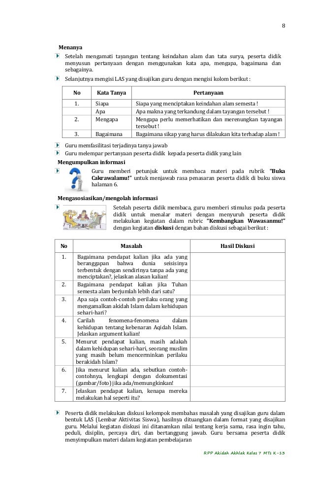 RPP Aqidah Kelas 7 MTs K-13 contoh