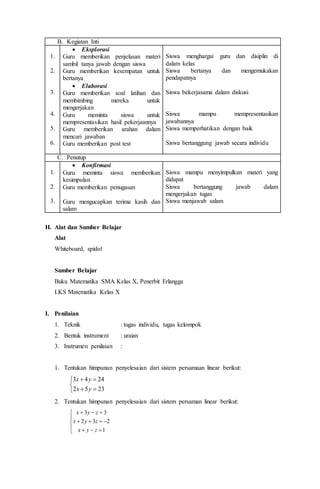 B. Kegiatan Inti
1.
2.
3.
4.
5.
6.
 Eksplorasi
Guru memberikan penjelasan materi
sambil tanya jawab dengan siswa
Guru memberikan kesempatan untuk
bertanya
 Elaborasi
Guru memberikan soal latihan dan
membimbing mereka untuk
mengerjakan
Guru meminta siswa untuk
mempresentasikan hasil pekerjaannya
Guru memberikan arahan dalam
mencari jawaban
Guru memberikan post test
Siswa menghargai guru dan disiplin di
dalam kelas
Siswa bertanya dan mengemukakan
pendapatnya
Siswa bekerjasama dalam diskusi
Siswa mampu mempresentasikan
jawabannya
Siswa memperhatikan dengan baik
Siswa bertanggung jawab secara individu
C. Penutup
1.
2.
3.
 Konfirmasi
Guru meminta siswa memberikan
kesimpulan
Guru memberikan penugasan
Guru mengucapkan terima kasih dan
salam
Siswa mampu menyimpulkan materi yang
didapat
Siswa bertanggung jawab dalam
mengerjakan tugas
Siswa menjawab salam
H. Alat dan Sumber Belajar
Alat
Whiteboard, spidol
Sumber Belajar
Buku Matematika SMA Kelas X, Penerbit Erlangga
LKS Matematika Kelas X
I. Penilaian
1. Teknik : tugas individu, tugas kelompok
2. Bentuk instrument : uraian
3. Instrumen penilaian :
1. Tentukan himpunan penyelesaian dari sistem persamaan linear berikut:





2352
2443
yx
yx
2. Tentukan himpunan penyelesaian dari sistem persaman linear berikut:
3 3
2 3 2
1
x y z
x y z
x y z
  

   
   
 