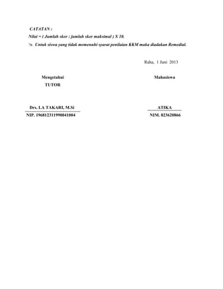 CATATAN :
Nilai = ( Jumlah skor : jumlah skor maksimal ) X 10.

 Untuk siswa yang tidak memenuhi syarat penilaian KKM maka diadakan Remedial.

Raha, 1 Juni 2013

Mengetahui

Mahasiswa

TUTOR

Drs. LA TAKARI, M.Si

ATIKA

NIP. 196812311990041004

NIM. 823620866

 