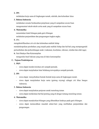 2. IPS
melakukan kerja sama di lingkungan rumah, sekolah, dan kelurahan/ desa
3. Bahasa Indonesia
melakukan sesuatu berdasarkan penjelasan yang di sampaikan secara lisan
mengomentari tokoh-tokoh cerita anak yang di sampaikan secara lisan.
4. Matematika
menentukan letak bilangan pada garis bilangan
melakukan penjumlahan dan pengurangan tingkat angka.
5. IPA
mengidentifikasikan ciri-ciri dan kebutuhan mahluk hidup
mendeskrepsikan perubahan yang terjadi pada mahluk hidup dan hal-hal yang mempengaruhi
pertumbuhan dan perkembangan anak ( makanan, kesehatan, rekreasi, istrahat dan olah raga).
6. Seni Budaya Dan Keterampilan
mengoreksi hasil lukisan yang mau di lukis keterampilan
C. Tujuan Pembelajaran
1. PKN
-

siswa dapat mendevinisikan arti sumpah pemuda.

-

siswa dapat menjelaskan latar belakang terwujudnya sumpah pemuda.

2. IPS
-

siswa dapat menyebutkan bentuk-bentuk kerja sama di lingkungan rumah.

-

siswa dapat menjelaskan kerja sama (gotong royong) sebagai ciri khas bangsa
indonesia.

3. Bahasa Indonesia
-

siswa dapat menjelaskan penjesan untuk menolong teman

-

siswa dapat melukiskan hal-hal penting yang di dengar tentang menolong teman.

4. Matematika
-

siswa dapat menaksirkan bilangan yang dibutuhkan letaknya pada garis bilangan.

-

siswa dapat memecahkan masalah sehari-hari yang melibatkan penjumlahan dan
pengurangan.

 