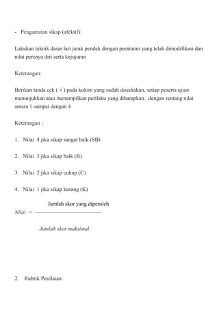 - Pengamatan sikap (afektif):
Lakukan teknik dasar lari jarak pendek dengan peraturan yang telah dimodifikasi dan
nilai percaya diri serta kejujuran
Keterangan:
Berikan tanda cek ( √ ) pada kolom yang sudah disediakan, setiap peserta ujian
menunjukkan atau menampilkan perilaku yang diharapkan. dengan rentang nilai
antara 1 sampai dengan 4
Keterangan :
1. Nilai 4 jika sikap sangat baik (SB)
2. Nilai 3 jika sikap baik (B)
3. Nilai 2 jika sikap cukup (C)
4. Nilai 1 jika sikap kurang (K)
Jumlah skor yang diperoleh
Nilai = —————————————–
Jumlah skor maksimal
2. Rubrik Penilaian
 