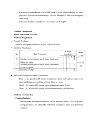 c. Guru menugaskan kepada peserta didik untuk mencatat pola teknik dasar lari sprint
yang telah dipelajari dalam buku tugas/kerja, dan dikumpulkan pada pertemuan yang
akan datang.
d. Berbaris dan berdoa, kembali ke kelas dengan penuh disiplin.

Penilaian Hasil Belajar
Teknik dan Bentuk Penilaian
Penilaian Pengetahuan
•

Petunjuk Penilaian
Jawablah pertanyaan di bawah ini dengan singkat dan tepat!

•

Butir Soal Pengetahuan
Kriteria

Nilai

No.
1.

Jelaskan cara melakukan gerak dasar fundamental

Pensekoran
1 2 3 Σ
2

2.

latihan lari sprint.
Jelaskan cara melakukan gerak dasar fundamental

2

teknik lari sprint.
Skor Maksimal (6)
•

Butir Pertanyaan

4

Akhir

4/6 x 100
=80

Kriteria Penilaian (Pengetahuan/Pemahaman)
Skor 3 : jika peserta didik mampu menjelaskan secara utuh (gerakan start, posisi
tubuh saat lari dan memasuki garis finish) dalam lari sprint.
Skor 2 : jika peserta didik mampu menyebutkan dua jawaban di atas.
Skor 1 : jika peserta didik mampu menyebutkan salah satu jawaban di atas.
Penilaian Keterampilan
• Petunjuk Penilaian
Penilaian aspek keterampilan diperoleh melalui penilaian proses, yaitu: sikap awal,
sikap pelaksanaan, dan sikap akhir melakukan suatu proses gerak dasar permainan
bola besar.

 