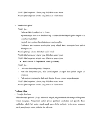 Nilai 2: jika hanya dua kriteria yang dilakukan secara benar
Nilai 1: jika hanya satu kriteria yang dilakukan secara benar

•

Pelaksanaan gerak
Nilai 4 jika :
Badan sedikit dicondongkan ke depan.
Ayunan lengan dilakukan dari belakang ke depan secara berganti-ganti dengan siku
sedikit dibengkokkan
Langkah kaki panjang dan dilakukan secepat mungkin.
Pendaratan kaki/tumpuan selalu pada ujung telapak kaki, sedangkan lutut sedikit
dibengkokkan.
Nilai 3: jika tiga kriteria dilakukan secara benar
Nilai 2: jika hanya dua kriteria yang dilakukan secara benar
Nilai 1: jika hanya satu kriteria yang dilakukan secara benar
•

Pelaksanaan akhir (kembali ke sikap semula)

Nilai 3 jika :
-

Lari terus tanpa mengurangi kecepatan.

-

Pada saat menyentuh pita, dada dicondongkan ke depan dan ayunan tangan ke
belakang.

-

Pada saat menyentuh pita, dada agak diputar dengan ayunan tangan ke depan.

Nilai 2: jika hanya dua kriteria yang dilakukan secara benar
Nilai 1: jika hanya satu kriteria yang dilakukan secara benar
Penilaian Sikap
- Petunjuk Penilaian
Penilaian aspek perilaku (sikap) dilakukan dengan pengamatan selama mengikuti kegiatan
belajar mengajar. Pengamatan dalam proses penilaian dilakukan saat peserta didik
melakukan teknik lari sprint. Aspek-aspek yang dinilai meliputi: kerja sama, tanggung
jawab, menghargai teman, disiplin, dan toleransi.

 