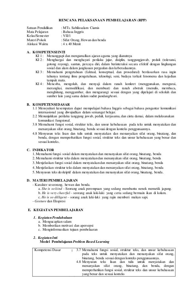 Rpp B Inggris Kls 7 Model Pbl