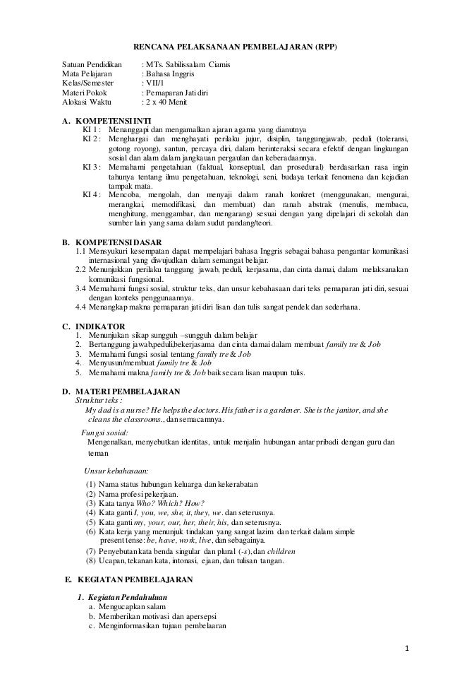 Rpp B Inggris Kls 7 Model Pj Bl