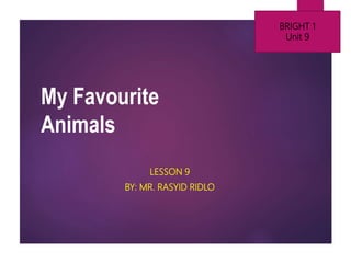 My Favourite
Animals
BRIGHT 1
Unit 9
LESSON 9
BY: MR. RASYID RIDLO
 