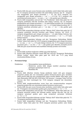 c. Peserta didik dan guru secara bersama-sama membahas contoh dalam buku paket pada
hal. 62 mengenai penentuan koordinat titik pada bidang Cartesius, hal. 64 mengenai
cara menggambar garis dengan persamaan y = mx, hal. 66-67 mengenai cara
menggambar garis dengan persamaan y = mx + c, c ≠ 0 hal. 70-71 mengenai cara
menentukan persamaan garis y = mx atau y = mx + c jika gambar garis diketahui.
d. Peserta didik mengerjakan soal-soal dari “Cek Pemahaman“ dalam buku paket hal. 62
mengenai pembuatan titik-titik koordinat pada bidang Cartesius, hal. 65 mengenai
penggambaran garis dengan persamaan y = mx pada bidang koordinat, hal. 68 mengenai
penggambaran garis dengan persamaan y = mx + c, c ≠ 0, pada bidang koordinat, hal. 71
mengenai penentuan persamaan garis y = mx atau y = mx + c jika gambar garis
diketahui.
e. Peserta didik mengerjakan beberapa soal dari “Bekerja Aktif“ dalam buku paket hal. 63
mengenai pembuatan titik-titik koordinat pada bidang Cartesius, hal. 64-65, 67
mengenai penggambaran garis dengan persamaan y = mx pada bidang Cartesius, hal.
65-66, 67 mengenai penggambaran garis dengan persamaan y = mx + c, c ≠ 0 pada
bidang Cartesius.
f. Peserta didik mengerjakan beberapa soal dari “Kompetensi Berkembang Melalui
Latihan“ dalam buku paket hal. 68-69 mengenai penggambaran garis dengan persamaan
y = mx atau y = mx + c, c ≠ 0 pada bidang Cartesius, hal. 71-72 mengenai penentuan
persamaan garis y = mx atau y = mx + c jika gambar garis diketahui, kemudian peserta
didik dan guru secara bersama-sama membahas beberapa jawaban soal tersebut.
Penutup
a. Peserta didik membuat rangkuman subbab yang telah dipelajari.
b. Peserta didik diberikan pekerjaan rumah (PR) dari soal-soal “Kompetensi Berkembang
Melalui Latihan” dalam buku paket pada hal. 68-69 dan 71-72 yang belum
terselesaikan/dibahas di kelas.
 Pertemuan Ketiga
Pendahuluan : - Menyampaikan tujuan pembelajaran.
- Memotivasi peserta didik dengan memberi penjelasan tentang
pentingnya mempelajari materi ini.
- Membahas PR.
Kegiatan Inti:
a. Peserta didik diberikan stimulus berupa pemberian materi oleh guru mengenai
pengertian gradien dan cara menentukan gradien bermacam-macam garis, kemudian
antara peserta didik dan guru mendiskusikan materi tersebut (Bahan: buku paket, yaitu
buku Matematika SMP dan MTs ESIS Kelas VIII Semester 1, karangan Tatag Yuli Eko
Siswono dan Netti Lastiningsih hal. 72-82 mengenai mengenal dan menentukan
gradien).
b. Peserta didik mengkomunikasikan secara lisan atau mempresentasikan mengenai
pengertian gradien dan cara menentukan gradien bermacam-macam garis.
c. Peserta didik dan guru secara bersama-sama membahas contoh dalam buku paket pada
hal. 79 mengenai cara menentukan gradien garis yang berbentuk ax + by + c = 0.
d. Peserta didik mengerjakan soal-soal dari “Cek Pemahaman“ dalam buku paket hal. 74
mengenai penentuan gradien dari beberapa gambar segitiga siku-siku, dan hal. 80
mengenai penentuan gradien garis yang mempunyai persamaan berbentuk
ax + by + c = 0.
e. Peserta didik mengerjakan beberapa soal dari “Bekerja Aktif“ dalam buku paket hal. 72-
74 mengenai penentuan gradien suatu benda.
f. Peserta didik mengerjakan beberapa soal dari “Kompetensi Berkembang Melalui
Latihan“ dalam buku paket hal. 80-82 mengenai penentuan gradien suatu benda,
RPP Matematika SMP dan MTs untuk Kelas VIII Jilid 2 37
 