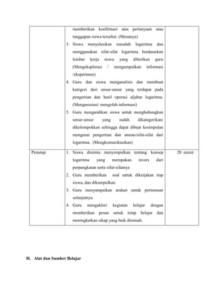 memberikan konfirmasi atas pertanyaan atau
tanggapan siswa tersebut. (Menanya)
3. Siswa menyelesikan masalah logaritma dan
menggunakan sifat-sifat logaritma berdasarkan
lembar kerja siswa yang diberikan guru
(Mengeksplorasi / mengumpulkan informasi
/eksperimen)
4. Guru dan siswa menganalisis dan membuat
kategori dari unsur-unsur yang terdapat pada
pengertian dan hasil operasi aljabar logaritma.
(Mengasosiasi/ mengolah informasi)
5. Guru mengarahkan siswa untuk menghubungkan
unsur-unsur yang sudah dikategorikan/
dikelompokkan sehingga dapat dibuat kesimpulan
mengenai pengertian dan aturan/sifat-sifat dari
logaritma. (Mengkomunikasikan)
Penutup 1. Siswa diminta menyimpulkan tentang konsep
logaritma yang merupakan invers dari
perpangkatan serta sifat-sifatnya
2. Guru memberikan soal untuk dikerjakan tiap
siswa, dan dikumpulkan.
3. Guru menyampaikan arahan untuk pertemuan
selanjutnya
4. Guru mengakhiri kegiatan belajar dengan
memberikan pesan untuk tetap belajar dan
meningkatkan sikap yang baik dirumah.
20 menit
H. Alat dan Sumber Belajar
 