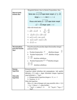 Operasi pada
bentuk akar
Mengubah Bentuk Akar ke Bentuk Penjumlahan Akar :
Sifat-sifat bentuk akar :
1. baab . 2.
b
a
b
a

3. acabcba  )(
4. anmanam )( 
5. )( bambmam 
6. aaa .
Merasionalkan
penyebut bentuk
akar
Penyebut-penyebut pecahan dapat dirasionalkan dengan
pedoman berikut.
a. Pecahan berpenyebut dikalikan dengan
b. Pecahan berpenyebut dikalikan dengan
demikian sebaliknya
c. Pecahan berpenyebut dikalikan dengan
demikian sebaliknya
Konsep
logaritma
Sifat-sifat
logaritma
Konsep logaritma.
Logaritma adalah kebalikan dari perpangkatan. Jadi apabila
diketahui ax
=b maka x dapat ditentukan dengan logaritma
yang berbentuk x = a
log b
a : bilangan pokok logaritma dengan a > 0, a  1
b : Numerus , b > 0
Sifat-sifat logaritma
Bila a, b, c dan p bilangan real yang memiliki sifat a > 0, b
> 0, p > 0 dan p  1 ,maka berlaku :
1. p
log b = x ,maka px
= b 10. p
log ab = p
log a + p
log b
b b
b
ba 
ba
ba


ba 
ba
ba


 