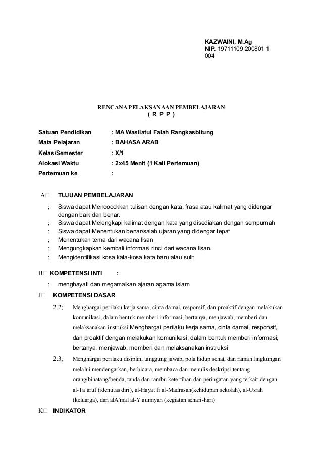 Rpp bahasa arab kelas MA X 1 - 2. K 2013 Rpp bahasa arab kelas MA X 1 - 2. K 2013