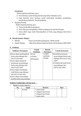  Konfirmasi
Dalam kegiatan konfirmasi, guru:
 Guru bertanya jawab tentang hal-hal yang belum diketahui siswa
 Guru bersama siswa bertanya jawab meluruskan kesalahan pemahaman,
memberikan penguatan dan penyimpulan
 Kegiatan Penutup
Dalam kegiatan penutup, guru:
 Tanya jawab,diskusi,penugasan
 Siswa dan guru mengadakan refleksi tentang proses dan hasil belajar.
 Siswa diberi tugas untuk Menyimpulkan isi berita yang didengar dari televisi
atau radio
D. Metode/Sumber Belajar:
 Metode
: Tanya jawab,diskusi,penugasan, /Multi metode
 Sumber Belajar
: Buku Bina Bahasa Indonesia Kelas 6 B Kurikulum 2006 KTSP
E. Penilaian
Indikator Pencapaian
• Siswa dapat mendengarkan
berita yang didengar dari
televisi atau radio
• Siswa dapat menjawab
pertanyaan sesuai dengan
berita yang didengar dari
televisi atau radio
• Siswa dapat menentukan
Judul berita yang didengar
dari televisi atau radio
• Siswa dapat menceritakan
kembali judul yang didengar

Teknik
Penilaian
• Lisan
• Tertulis
• Penugasan

Bentuk
Contoh Instrumen
Instrumen
Lembar
• Jawablah pertanyaan
penilaian
sesuai dengan berita yang
Produk
didengar dari televisi atau
radio!
• Tentukan-lah Judul berita
yang didengar dari
televisi atau radio!

FORMAT KRITERIA PENILAIAN

PRODUK ( HASIL DISKUSI )
No.
Aspek
Kriteria
1.
Konsep
* semua benar
* sebagian besar benar
* sebagian kecil benar
* semua salah

Skor
4
3
2
1

2

 