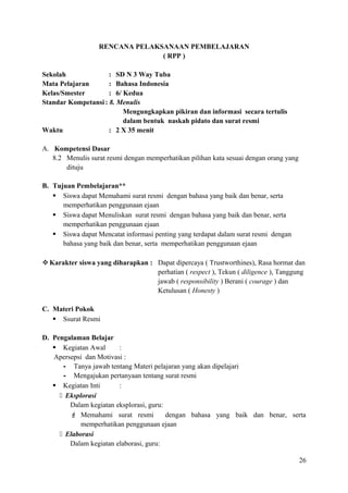 RENCANA PELAKSANAAN PEMBELAJARAN
( RPP )
Sekolah
: SD N 3 Way Tuba
Mata Pelajaran
: Bahasa Indonesia
Kelas/Smester
: 6/ Kedua
Standar Kompetansi : 8. Menulis
Mengungkapkan pikiran dan informasi secara tertulis
dalam bentuk naskah pidato dan surat resmi
Waktu
: 2 X 35 menit
A. Kompetensi Dasar
8.2 Menulis surat resmi dengan memperhatikan pilihan kata sesuai dengan orang yang
dituju
B. Tujuan Pembelajaran**
 Siswa dapat Memahami surat resmi dengan bahasa yang baik dan benar, serta
memperhatikan penggunaan ejaan
 Siswa dapat Menuliskan surat resmi dengan bahasa yang baik dan benar, serta
memperhatikan penggunaan ejaan
 Siswa dapat Mencatat informasi penting yang terdapat dalam surat resmi dengan
bahasa yang baik dan benar, serta memperhatikan penggunaan ejaan
 Karakter siswa yang diharapkan : Dapat dipercaya ( Trustworthines), Rasa hormat dan
perhatian ( respect ), Tekun ( diligence ), Tanggung
jawab ( responsibility ) Berani ( courage ) dan
Ketulusan ( Honesty )
C. Materi Pokok
 Ssurat Resmi
D. Pengalaman Belajar
 Kegiatan Awal
:
Apersepsi dan Motivasi :
- Tanya jawab tentang Materi pelajaran yang akan dipelajari
- Mengajukan pertanyaan tentang surat resmi
 Kegiatan Inti
:
 Eksplorasi
Dalam kegiatan eksplorasi, guru:
 Memahami surat resmi
dengan bahasa yang baik dan benar, serta
memperhatikan penggunaan ejaan
 Elaborasi
Dalam kegiatan elaborasi, guru:
26

 