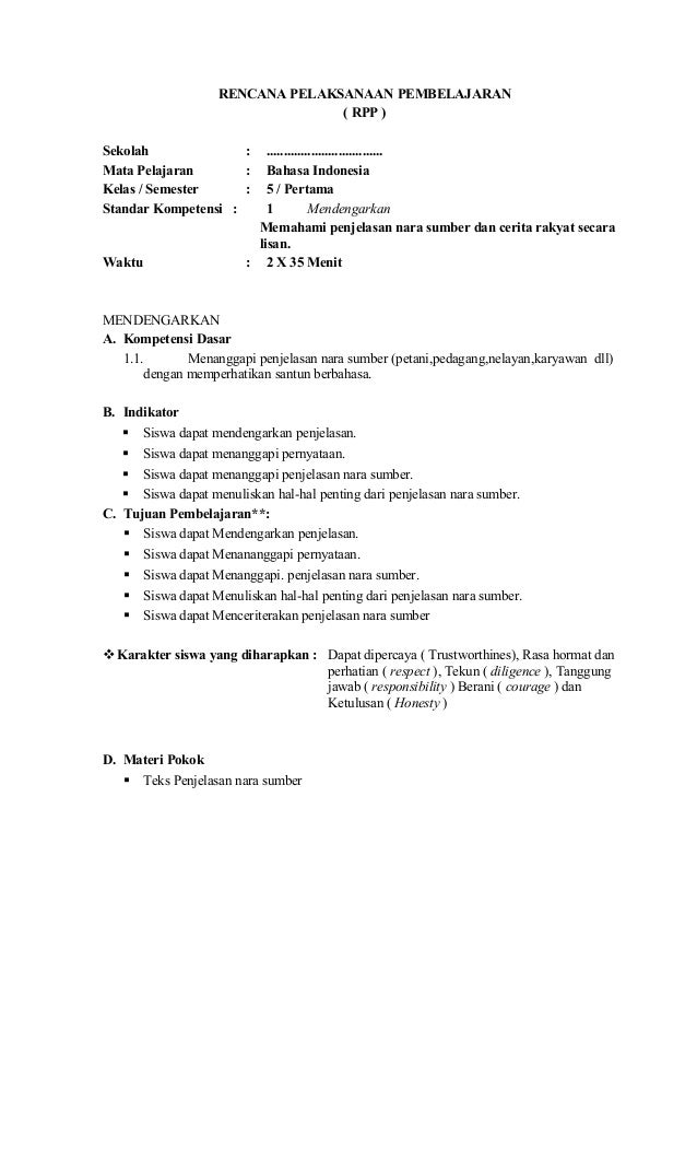 Rpp Bahasa Indonesia Kelas V Ktsp