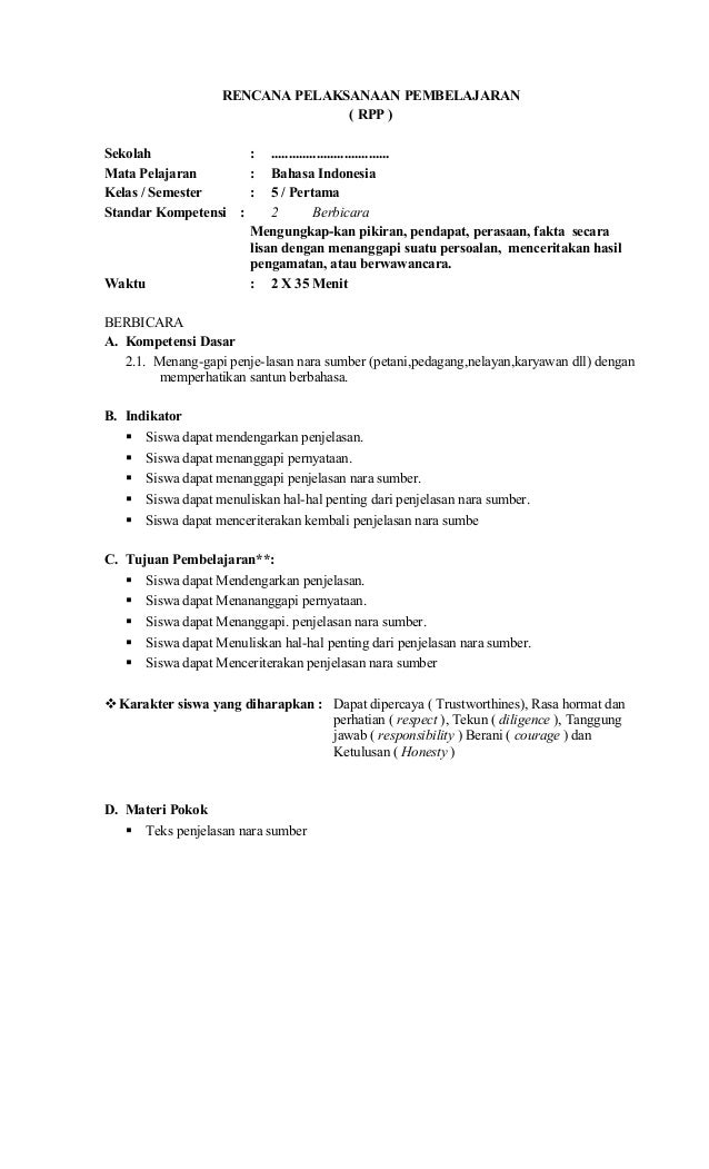 Rpp Bahasa Indonesia Kelas V Ktsp