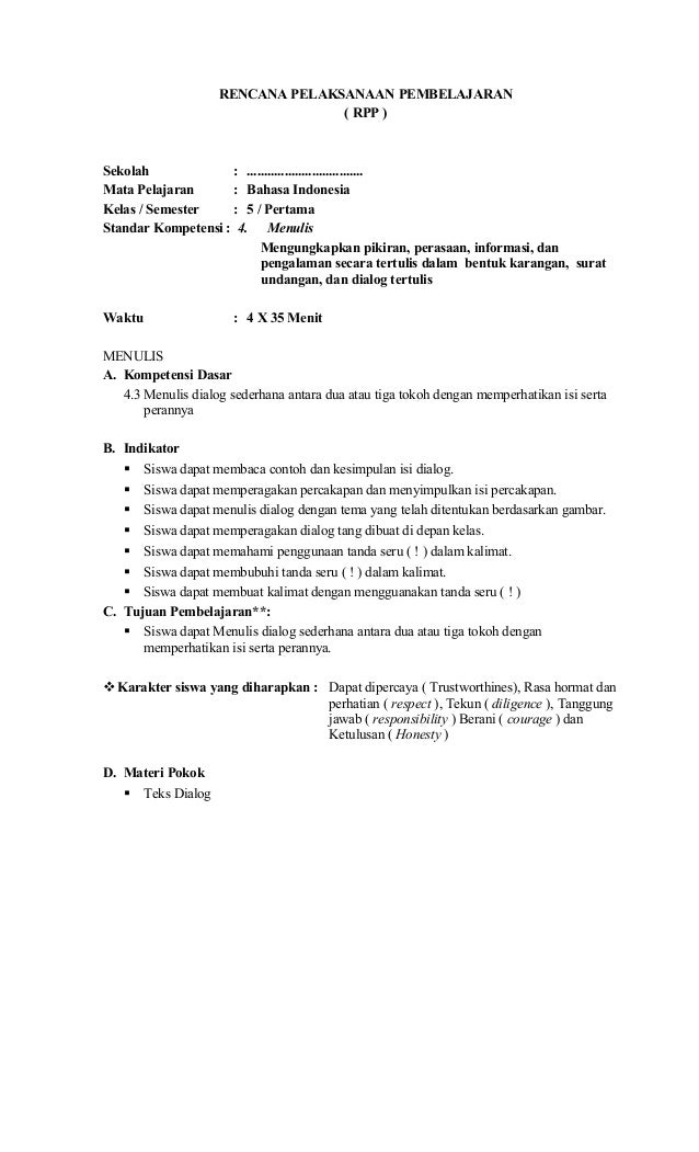 Rpp Bahasa Indonesia Kelas V Ktsp