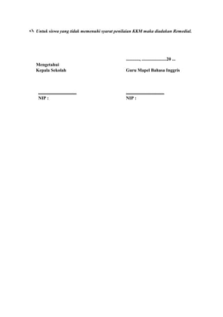  Untuk siswa yang tidak memenuhi syarat penilaian KKM maka diadakan Remedial.
............, ......................20 ...
Mengetahui
Kepala Sekolah Guru Mapel Bahasa Inggris
.................................. ..................................
NIP : NIP :
 