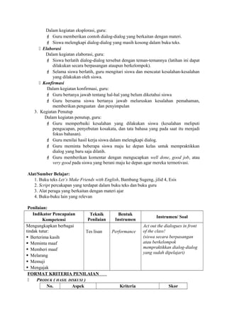 Dalam kegiatan eksplorasi, guru:
 Guru memberikan contoh dialog-dialog yang berkaitan dengan materi.
 Siswa melengkapi dialog-dialog yang masih kosong dalam buku teks.
 Elaborasi
Dalam kegiatan elaborasi, guru:
 Siswa berlatih dialog-dialog tersebut dengan teman-temannya (latihan ini dapat
dilakukan secara berpasangan ataupun berkelompok).
 Selama siswa berlatih, guru mengitari siswa dan mencatat kesalahan-kesalahan
yang dilakukan oleh siswa.
 Konfirmasi
Dalam kegiatan konfirmasi, guru:
 Guru bertanya jawab tentang hal-hal yang belum diketahui siswa
 Guru bersama siswa bertanya jawab meluruskan kesalahan pemahaman,
memberikan penguatan dan penyimpulan
3. Kegiatan Penutup
Dalam kegiatan penutup, guru:
 Guru memperbaiki kesalahan yang dilakukan siswa (kesalahan meliputi
pengucapan, penyebutan kosakata, dan tata bahasa yang pada saat itu menjadi
fokus bahasan).
 Guru menilai hasil kerja siswa dalam melengkapi dialog.
 Guru meminta beberapa siswa maju ke depan kelas untuk mempraktikkan
dialog yang baru saja dilatih.
 Guru memberikan komentar dengan mengucapkan well done, good job, atau
very good pada siswa yang berani maju ke depan agar mereka termotivasi.
Alat/Sumber Belajar:
1. Buku teks Let’s Make Friends with English, Bambang Sugeng, jilid 4, Esis
2. Script percakapan yang terdapat dalam buku teks dan buku guru
3. Alat peraga yang berkaitan dengan materi ajar
4. Buku-buku lain yang relevan
Penilaian:
Indikator Pencapaian
Kompetensi
Teknik
Penilaian
Bentuk
Instrumen
Instrumen/ Soal
Mengungkapkan berbagai
tindak tutur:
 Berterima kasih
 Meminta maaf
 Memberi maaf
 Melarang
 Memuji
 Mengajak
Tes lisan Performance
Act out the dialogues in front
of the class!
(siswa secara berpasangan
atau berkelompok
mempraktikkan dialog-dialog
yang sudah dipelajari)
FORMAT KRITERIA PENILAIAN
 PRODUK ( HASIL DISKUSI )
No. Aspek Kriteria Skor
 
