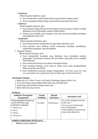  Eksplorasi
Dalam kegiatan eksplorasi, guru:
 Guru memberikan contoh dialog-dialog yang berkaitan dengan materi.
 Siswa melengkapi dialog-dialog yang masih kosong dalam buku teks.
 Elaborasi
Dalam kegiatan elaborasi, guru:
 Siswa berlatih dialog-dialog tersebut dengan teman-temannya (latihan ini dapat
dilakukan secara berpasangan ataupun berkelompok).
 Selama siswa berlatih, guru mengitari siswa dan mencatat kesalahan-kesalahan
yang dilakukan oleh siswa.
 Konfirmasi
Dalam kegiatan konfirmasi, guru:
 Guru bertanya jawab tentang hal-hal yang belum diketahui siswa
 Guru bersama siswa bertanya jawab meluruskan kesalahan pemahaman,
memberikan penguatan dan penyimpulan
3. Kegiatan Penutup
Dalam kegiatan penutup, guru:
 Guru memperbaiki kesalahan yang dilakukan siswa (kesalahan meliputi
pengucapan, penyebutan kosakata, dan tata bahasa yang pada saat itu menjadi
fokus bahasan).
 Guru menilai hasil kerja siswa dalam melengkapi dialog.
 Guru meminta beberapa siswa maju ke depan kelas untuk mempraktikkan
dialog yang baru saja dilatih.
 Guru memberikan komentar dengan mengucapkan well done, good job, atau
very good pada siswa yang berani maju ke depan agar mereka termotivasi.
Alat/Sumber Belajar:
1. Buku teks Let’s Make Friends with English, Bambang Sugeng, jilid 4, Esis
2. Script percakapan yang terdapat dalam buku teks dan buku guru
3. Alat peraga yang berkaitan dengan materi ajar
4. Buku-buku lain yang relevan
Penilaian:
Indikator Pencapaian
Kompetensi
Teknik
Penilaian
Bentuk
Instrumen
Instrumen/ Soal
Mengungkapkan kesantunan
secara berterima yang
melibatkan ungkapan:
 Thank you
 Sorry
 Please
 Excuse me
Tes lisan Performance
Act out the dialogues in front
of the class!
(siswa secara berpasangan
atau berkelompok
mempraktikkan dialog-dialog
yang sudah dipelajari)
FORMAT KRITERIA PENILAIAN
 PRODUK ( HASIL DISKUSI )
 