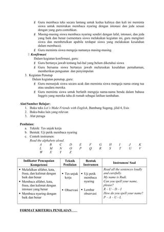  Guru membaca teks secara lantang untuk kedua kalinya dan kali ini meminta
siswa untuk menirukan membaca nyaring dengan intonasi dan jeda sesuai
dengan yang guru contohkan.
 Masing-masing siswa membaca nyaring sendiri dengan lafal, intonasi, dan jeda
yang baik dan benar (sementara siswa melakukan kegiatan ini, guru mengitari
siswa dan membetulkan apabila terdapat siswa yang melakukan kesalahan
dalam membaca).
 Guru meminta siswa mengeja namanya masing-masing.
 Konfirmasi
Dalam kegiatan konfirmasi, guru:
 Guru bertanya jawab tentang hal-hal yang belum diketahui siswa
 Guru bersama siswa bertanya jawab meluruskan kesalahan pemahaman,
memberikan penguatan dan penyimpulan
3. Kegiatan Penutup
Dalam kegiatan penutup, guru:
 Guru menunjuk siswa secara acak dan meminta siswa mengeja nama orang tua
atau saudara mereka.
 Guru meminta siswa untuk berlatih mengeja nama-nama benda dalam bahasa
Inggris yang mereka tahu di rumah sebagai latihan tambahan.
Alat/Sumber Belajar:
1. Buku teks Let’s Make Friends with English, Bambang Sugeng, jilid 4, Esis
2. Buku-buku lain yang relevan
3. Alat peraga
Penilaian:
a. Teknik: Tes unjuk kerja
b. Bentuk: Uji petik membaca nyaring
c. Contoh instrumen:
Read the alphabets aloud.
A B C D E F G H I J K
L M N O P Q R S T U V
W X Y Z
Indikator Pencapaian
Kompetensi
Teknik
Penilaian
Bentuk
Instrumen
Instrumen/ Soal
 Melafalkan alfabet, kata,
frasa, dan kalimat dengan
baik dan benar
 Membaca alfabet, kata,
frasa, dan kalimat dengan
intonasi yang benar
 Membaca nyaring dengan
baik dan benar
 Tes unjuk
kerja
 Observasi
 Uji petik
membaca
nyaring
 Lembar
observasi
Read all the sentences loudly
and carefully.
My name is Rudi.
Can you spell your name,
please?
R – U – D – I
How do you spell your name?
P – A – U - L
FORMAT KRITERIA PENILAIAN
 
