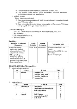  Guru bertanya jawab tentang hal-hal yang belum diketahui siswa
 Guru bersama siswa bertanya jawab meluruskan kesalahan pemahaman,
memberikan penguatan dan penyimpulan
3. Kegiatan Penutup
Dalam kegiatan penutup, guru:
 Guru menunjuk siswa secara acak untuk merespon instruksi yang didengar dari
kaset/CD secara verbal.
 Guru memberikan komentar dengan mengucapkan well done, good job, atau
very good pada siswa agar mereka termotivasi.
Alat/Sumber Belajar:
1. Buku teks Let’s Make Friends with English, Bambang Sugeng, jilid 4, Esis
2. Rekaman kaset/CD
3. Buku-buku lain yang relevan
4. Script percakapan
Penilaian:
Indikator Pencapaian
Kompetensi
Teknik
Penilaian
Bentuk
Instrumen
Instrumen/ Soal
 Merespon dengan
mengulang apa yang
didengar dari kaset/CD
dengan suara lantang
 Merespon dengan
mengulang apa yang
didengar dari kaset/CD
dengan pengucapan bahasa
Inggris yang benar
Unjuk kerja Responding Listen to the dialogues and
repeat.
(rekaman kaset/CD): How are
you today?
Siswa: (mengulang)
FORMAT KRITERIA PENILAIAN
 PRODUK ( HASIL DISKUSI )
No. Aspek Kriteria Skor
1. Konsep * semua benar
* sebagian besar benar
* sebagian kecil benar
* semua salah
4
3
2
1
 PERFORMANSI
No. Aspek Kriteria Skor
1.
2.
Pengetahuan
Praktek
* Pengetahuan
* kadang-kadang Pengetahuan
* tidak Pengetahuan
* aktif Praktek
* kadang-kadang aktif
* tidak aktif
4
2
1
4
2
1
 