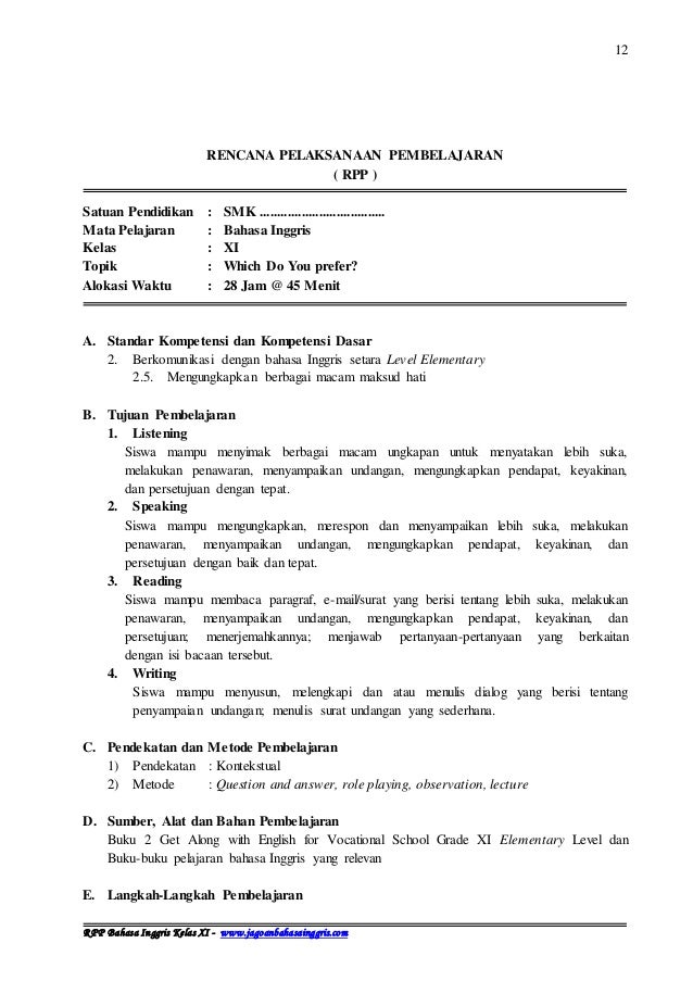 Rpp Bahasa Inggris Ktsp Smk Kelas Xi