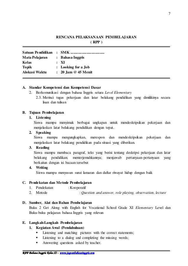 Rpp Bahasa Inggris Ktsp Smk Kelas Xi