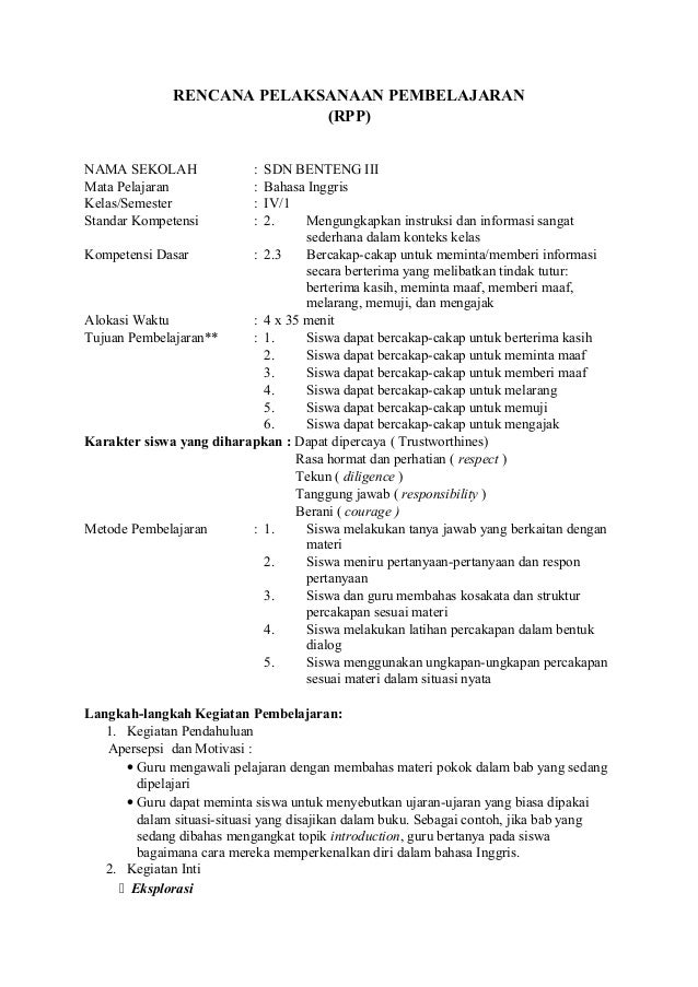 Rpp bahasa inggris sd kelas iv sms 1 Rpp bahasa inggris sd kelas iv sms 1