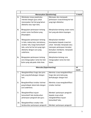 5 
1. 
Menanyakan (Questioning) 5 menit 
3. 
4. 
5. 
6. 
Melakukan tanya jawab atau 
interaksi dengan guru untuk 
menanyakan hal-hal yang belum 
diketahui atau ingin tahu. 
Mengajukan pertanyaan tentang 
urutan nama hari/bulan yang 
ditayangkan. 
Mengajukan pertanyaan tentang 
isi teks, makna kata, tata bahasa, 
struktur teks, fungsi komunikatif 
teks, serta hal-hal lain yang ingin 
diketahui dengan cara yang 
sederhana. 
Mengajukan pertanyaan tentang 
cara mengucapkan nama hari dan 
bulan yang ada pada slide show. 
Merespon dan menjawab 
pertanyaan siswa tentang hal-hal 
yang ingin diketahui. 
Menjelaskan tentang urutan nama 
hari yang ada dalam tayangan. 
Menjelaskan memberi 
kesempatan kepada siswa lain 
untuk mencoba menjawab atau 
merespon pertanyaan tersebut. 
Kemudian membantu menjawab 
pertanyaan siswa. 
Menjelaskan tentang cara 
mengucapkan nama hari dan 
bulan. 
Mencoba (Experimenting) 10 
menit 
7. 
8. 
9. 
10. 
Mengidentifikasi fungsi dan jenis 
kata yang berhubungan dengan 
hari. 
Mengidentifikasi struktur kalimat 
yang terdapat dalam teks dengan 
cara sederhana. 
Mengidentifikasi tujuan 
komunikatif teks berdasarkan 
pertanyaan pengarah dari guru. 
Mengidentifikasi struktur teks 
berdasarkan pertanyaan pengarah 
Meminta siswa mengidentifikasi 
fungsi dan jenis kata yang 
berhubungan dengan hari. 
Meminta siswa mengidentifikasi 
struktur kalimat 
Memberi pertanyaan pengarah 
kepada siswa untuk 
mengidentifikasi tujuan 
komunikatif teks. 
Memberi pertanyaan pengarah 
 