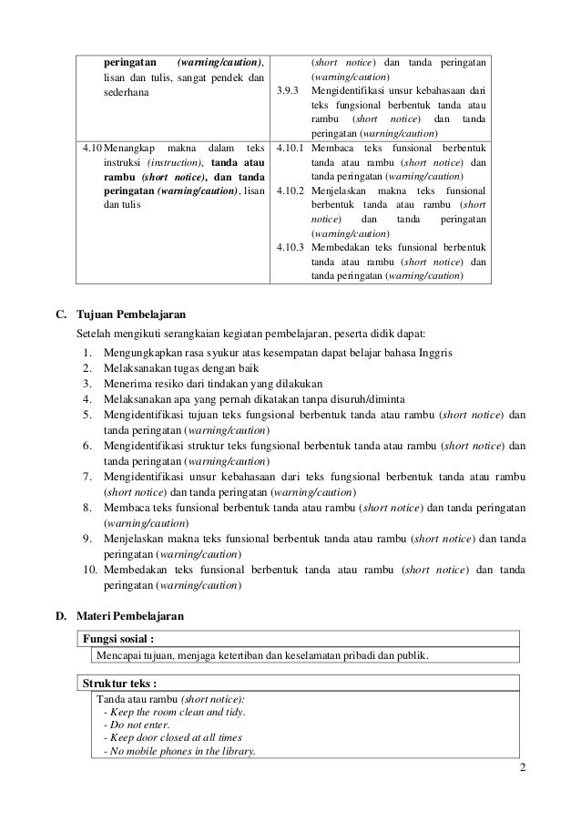 Rpp Bahasa Inggris Smp Kelas Vii Warning And Short Notice