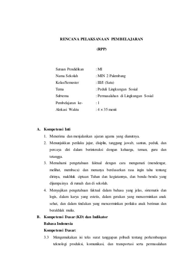 Rpp Tema 4 Peduli Lingkungan Sosial Subtema 2 Permasalahan Di Lingkun