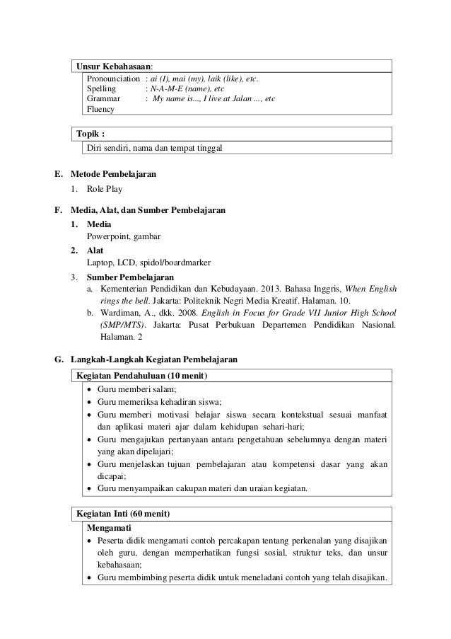 Rpp Bahasa Inggris SMP Kelas VII Introduction