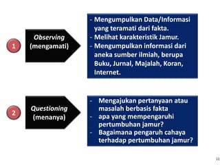 1

2

Observing
(mengamati)

Questioning
(menanya)

- Mengumpulkan Data/Informasi
yang teramati dari fakta.
- Melihat karakteristik Jamur.
- Mengumpulkan informasi dari
aneka sumber ilmiah, berupa
Buku, Jurnal, Majalah, Koran,
Internet.

- Mengajukan pertanyaan atau
masalah berbasis fakta
- apa yang mempengaruhi
pertumbuhan jamur?
- Bagaimana pengaruh cahaya
terhadap pertumbuhan jamur?
11

 