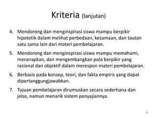 Kriteria (lanjutan)
4. Mendorong dan menginspirasi siswa mampu berpikir
hipotetik dalam melihat perbedaan, kesamaan, dan tautan
satu sama lain dari materi pembelajaran.
5. Mendorong dan menginspirasi siswa mampu memahami,
menerapkan, dan mengembangkan pola berpikir yang
rasional dan objektif dalam merespon materi pembelajaran.
6. Berbasis pada konsep, teori, dan fakta empiris yang dapat
dipertanggungjawabkan.
7. Tujuan pembelajaran dirumuskan secara sederhana dan
jelas, namun menarik sistem penyajiannya.
5

 