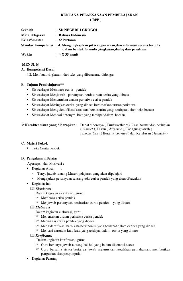RPP Bahasa Indonesia kls6 smt1 SDN 1 Grogol