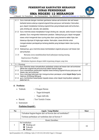 PEMERINTAH KABUPATEN MERANGIN
                                                DINAS PENDIDIKAN
                                 SMA NEGERI 12 MERANGIN
       Jl. Mojopahit Ds. Pinang Merah       Kec. Pamenang Barat   Telp. 08287451517   www.sman12-merangin.com Kode Pos. 37352


           2.1.1 Guru memulai dengan memberi gambaran bahwa sel tumbuhan dan sel hewan
                   berbeda karena adanya organel-organel khas penyusun sel tersebut. Kemudian,
                   guru dapat menjelaskan tentang organel khas yang terdapat pada sel tumbuhan,
                   yaitu dinding sel, vakuola, dan plastida.
           2.1.2 Guru meminta siswa menjelaskan fungsi dinding sel, vakuola, serta macam-macam
                   plastida. Guru mengoreksi kebenaran jawaban. Selanjutnya guru dapat mengajak
                   siswa untuk mengamati daun puring atau daun yang berwarna selain hijau dan
                   biasanya dijumpai di lingkungan sekitar. Kemudian, siswa diminta untuk
                   mengemukakan pendapatnya tentang plastida yang terdapat dalam daun puring
                   tersebut?
           2.1.3 Selanjutnya, guru meminta siswa membedakan organel penyusun sel hewan dan
                   sel tumbuhan.
           2.1.4        Bersama siswa mendiskusikan hasil pekerjaan masing-masing.
                    Implementasi Pendikar :
                    Melakukan kegiatan dengan tidak tergantung dengan yang lain.
  3.       3.1. Penutup                                                                                               15’
           3.1.1 Guru meminta siswa menyebutkan perbedaan antara sel hewan dan sel tumbuhan
                 dilihat dari organel sel penyusunnya dalam bentuk bagan.
           3.1.2 Guru memberikan pertanyaan kepada siswa tentang organel khusus penyusun sel
                 hewan dan sel tumbuhan.
           3.1.3 Guru membagi kelompok dan mengumumkan persiapan untuk Unjuk Kerja 1pada
                 halaman 26 Biologi Bilingual.
           3.1.4 guru memberikan kesempatan kepada siswa untuk dapat meyimpulkan pelajaran
                 pada hari ini.


       d. Penilaian                               :
               Tekhnik                  : - Ulangan Harian
                                            - Tugas kelompok
                                            - Tugas individu
               Bentuk                   : Test Tertulis Uraian
               Instrument               :
               Penilaian Kognitif :

       No                                   Aspek Yang Dinilai                                                       Skor
                     Tulisakan bagian-bagian dari sel hewan dan sel tumbuhan!!
                     Tuliskan perbedaan sel tumbuhan dan sel hewan !!
                                                           Kunci Jawaban:
                   Sel tumbuhan:
       1                Dinding sel
                                                                                                                      10
                        Vakuola
                        Plastid
Ratih Kumaladewi PA, S.PdBiologi Kelas XI IPA 2012/2013SMA Negeri 12 Merangin
 