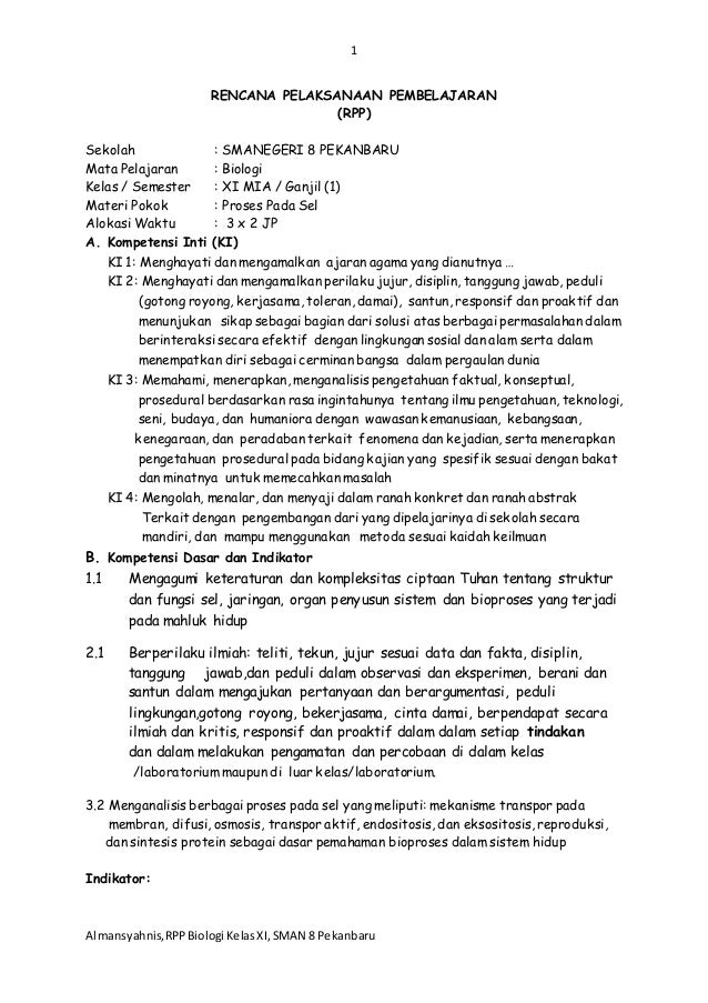 Rpp Biologi Sma Kelas Xi Mia Kd 3 2 Mekanisme Transpor Pada Mem