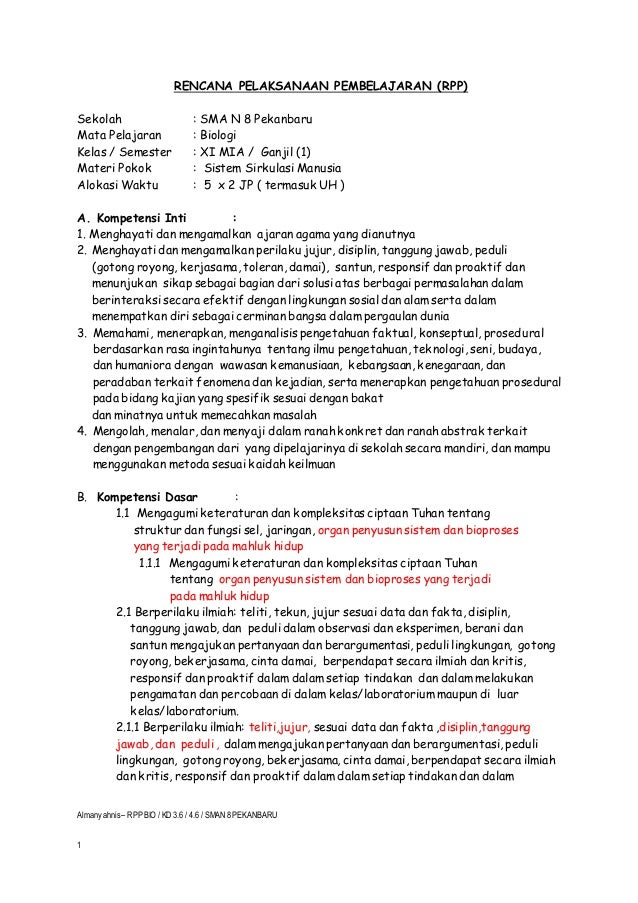 Rpp Biologi Xi Kd 3 6 Sistem Sirkulasi Almansyahnis Sman 8 Pek