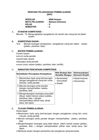 RENCANA PELAKSANAAN PEMBELAJARAN
                                (RPP)

               SEKOLAH                   : MAN Awipari
               MATA PELAJARAN            : Bahasa Indonesia
               KELAS                     :X
               SEMESTER                  :2

A.    STANDAR KOMPETENSI :
     Menulis : 16. Mengungkapkan pengalaman diri sendiri dan orang lain ke dalam
                   cerpen

B.    KOMPETENSI DASAR :
     16.2 Menulis karangan berdasarkan pengalaman orang lain dalam cerpen
          (pelaku, peristiwa, latar)

C.    MATERI PEMBELAJARAN :
     Contoh cerpen
     •ciri-ciri cerita pendek
     •syarat topik cerpen
     •kerangka cerita pendek
     •unsur-unsur cerpen (pelaku, peristiwa, latar, konflik)

D.    INDIKATOR PENCAPAIAN KOMPETENSI                  :
                                                  Nilai Budaya Dan Kewirausahaan/
     No Indikator Pencapaian Kompetensi
                                                  Karakter Bangsa Ekonomi Kreatif
      1 Menentukan topik yang berhubungan         • Bersahabat/   • Kepemimpinan
        dengan pengalaman orang lain untuk          komunikatif   • Keorisinilan
        menulis cerita pendek                     • Kreatif
      2 Menulis kerangka cerita pendek
        dengan memperhatikan pelaku,
        peristiwa, latar
      3 Mengembangkan kerangka yang telah
        dibuat dalam bentuk cerpen (pelaku,
        peristiwa, latar, ) dengan
        memperhatikan pilihan kata, tanda
        baca, dan ejaan.

E.     TUJUAN PEMBELAJARAN :
     Siswa dapat:
     • Menentukan topik yang berhubungan dengan pengalaman orang lain untuk
        menulis cerita pendek
     • Menulis kerangka cerita pendek dengan memperhatikan pelaku, peristiwa,
        latar
     • Mengembangkan kerangka yang telah dibuat dalam bentuk cerpen (pelaku,
        peristiwa, latar, ) dengan memperhatikan pilihan kata, tanda baca, dan
        ejaan.
     • Membuat cerpen dengan penokohan dan pengaluran yang bervariasi.
 