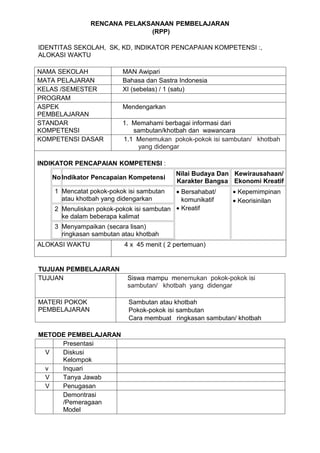 RENCANA PELAKSANAAN PEMBELAJARAN
                              (RPP)

IDENTITAS SEKOLAH, SK, KD, INDIKATOR PENCAPAIAN KOMPETENSI :,
ALOKASI WAKTU

NAMA SEKOLAH             MAN Awipari
MATA PELAJARAN           Bahasa dan Sastra Indonesia
KELAS /SEMESTER          XI (sebelas) / 1 (satu)
PROGRAM
ASPEK                    Mendengarkan
PEMBELAJARAN
STANDAR                  1. Memahami berbagai informasi dari
KOMPETENSI                  sambutan/khotbah dan wawancara
KOMPETENSI DASAR         1.1 Menemukan pokok-pokok isi sambutan/ khotbah
                             yang didengar

INDIKATOR PENCAPAIAN KOMPETENSI :
                                           Nilai Budaya Dan Kewirausahaan/
   No Indikator Pencapaian Kompetensi
                                           Karakter Bangsa Ekonomi Kreatif
    1 Mencatat pokok-pokok isi sambutan   • Bersahabat/    • Kepemimpinan
      atau khotbah yang didengarkan         komunikatif    • Keorisinilan
    2 Menuliskan pokok-pokok isi sambutan • Kreatif
      ke dalam beberapa kalimat
    3 Menyampaikan (secara lisan)
      ringkasan sambutan atau khotbah
ALOKASI WAKTU             4 x 45 menit ( 2 pertemuan)


TUJUAN PEMBELAJARAN
TUJUAN                     Siswa mampu menemukan pokok-pokok isi
                           sambutan/ khotbah yang didengar

MATERI POKOK               Sambutan atau khotbah
PEMBELAJARAN               Pokok-pokok isi sambutan
                           Cara membuat ringkasan sambutan/ khotbah

METODE PEMBELAJARAN
     Presentasi
 V   Diskusi
     Kelompok
 v   Inquari
 V   Tanya Jawab
 V   Penugasan
     Demontrasi
     /Pemeragaan
     Model
 
