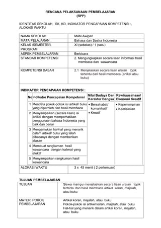 RENCANA PELAKSANAAN PEMBELAJARAN
                              (RPP)

IDENTITAS SEKOLAH, SK, KD, INDIKATOR PENCAPAIAN KOMPETENSI :,
ALOKASI WAKTU

NAMA SEKOLAH                       MAN Awipari
MATA PELAJARAN                     Bahasa dan Sastra Indonesia
KELAS /SEMESTER                    XI (sebelas) / 1 (satu)
PROGRAM
ASPEK PEMBELAJARAN                 Berbicara
STANDAR KOMPETENSI                 2. Mengungkapkan secara lisan informasi hasil
                                      membaca dan wawancara

KOMPETENSI DASAR                   2.1 Menjelaskan secara lisan uraian topik
                                       tertentu dari hasil membaca (artikel atau
                                       buku)


INDIKATOR PENCAPAIAN KOMPETENSI :
                                            Nilai Budaya Dan Kewirausahaan/
     No Indikator Pencapaian Kompetensi
                                            Karakter Bangsa Ekonomi Kreatif
     1 Mendata pokok-pokok isi artikel/ buku • Bersahabat/       • Kepemimpinan
       yang diperoleh dari hasil membaca       komunikatif       • Keorisinilan
     2 Menyampaikan (secara lisan) isi       • Kreatif
       artikel dengan memperhatikan
       penggunaan bahasa Indonesia yang
       baik dan benar
     3 Mengemukan hal-hal yang menarik
       dalam artikel/ buku yang telah
       dibacanya dengan memberikan
       alasan
     4 Membuat rangkuman hasil
       wawancara dengan kalimat yang
       efektif
     5 Menyampaikan rangkuman hasil
       wawancara
ALOKASI WAKTU                      3 x 45 menit ( 2 pertemuan)


TUJUAN PEMBELAJARAN
TUJUAN              Siswa mampu menjelaskan secara lisan uraian topik
                    tertentu dari hasil membaca artikel koran, majalah,
                    atau buku

MATERI POKOK               Artikel koran, majalah, atau buku
PEMBELAJARAN               Pokok-pokok isi artikel koran, majalah, atau buku
                           Hal-hal yang menarik dalam artikel koran, majalah,
                           atau buku
 