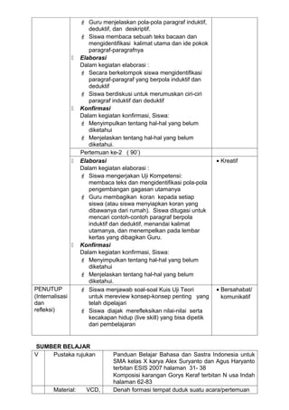  Guru menjelaskan pola-pola paragraf induktif,
                        deduktif, dan deskriptif.
                      Siswa membaca sebuah teks bacaan dan
                        mengidentifikasi kalimat utama dan ide pokok
                        paragraf-paragrafnya
                    Elaborasi
                     Dalam kegiatan elaborasi :
                      Secara berkelompok siswa mengidentifikasi
                        paragraf-paragraf yang berpola induktif dan
                        deduktif
                      Siswa berdiskusi untuk merumuskan ciri-ciri
                        paragraf induktif dan deduktif
                    Konfirmasi
                     Dalam kegiatan konfirmasi, Siswa:
                      Menyimpulkan tentang hal-hal yang belum
                        diketahui
                      Menjelaskan tentang hal-hal yang belum
                        diketahui.
                     Pertemuan ke-2 ( 90’)
                    Elaborasi                                           • Kreatif
                     Dalam kegiatan elaborasi :
                      Siswa mengerjakan Uji Kompetensi:
                        membaca teks dan mengidentifikasi pola-pola
                        pengembangan gagasan utamanya
                      Guru membagikan koran kepada setiap
                        siswa (atau siswa menyiapkan koran yang
                        dibawanya dari rumah). Siswa ditugasi untuk
                        mencari contoh-contoh paragraf berpola
                        induktif dan deduktif, menandai kalimat
                        utamanya, dan menempelkan pada lembar
                        kertas yang dibagikan Guru.
                    Konfirmasi
                     Dalam kegiatan konfirmasi, Siswa:
                      Menyimpulkan tentang hal-hal yang belum
                        diketahui
                      Menjelaskan tentang hal-hal yang belum
                        diketahui.
PENUTUP               Siswa menjawab soal-soal Kuis Uji Teori           • Bersahabat/
(Internalisasi          untuk mereview konsep-konsep penting yang          komunikatif
dan                     telah dipelajari
refleksi)             Siswa diajak merefleksikan nilai-nilai serta
                        kecakapan hidup (live skill) yang bisa dipetik
                        dari pembelajaran


SUMBER BELAJAR
V   Pustaka rujukan              Panduan Belajar Bahasa dan Sastra Indonesia untuk
                                 SMA kelas X karya Alex Suryanto dan Agus Haryanto
                                 terbitan ESIS 2007 halaman 31- 38
                                 Komposisi karangan Gorys Keraf terbitan N usa Indah
                                 halaman 62-83
        Material:      VCD,      Denah formasi tempat duduk suatu acara/pertemuan
 
