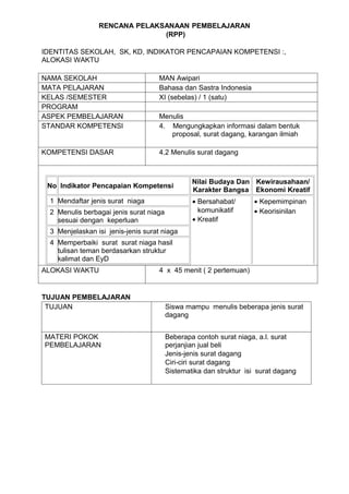 RENCANA PELAKSANAAN PEMBELAJARAN
                               (RPP)

IDENTITAS SEKOLAH, SK, KD, INDIKATOR PENCAPAIAN KOMPETENSI :,
ALOKASI WAKTU

NAMA SEKOLAH                         MAN Awipari
MATA PELAJARAN                       Bahasa dan Sastra Indonesia
KELAS /SEMESTER                      XI (sebelas) / 1 (satu)
PROGRAM
ASPEK PEMBELAJARAN                   Menulis
STANDAR KOMPETENSI                   4. Mengungkapkan informasi dalam bentuk
                                        proposal, surat dagang, karangan ilmiah

KOMPETENSI DASAR                     4.2 Menulis surat dagang



                                                 Nilai Budaya Dan Kewirausahaan/
 No Indikator Pencapaian Kompetensi
                                                 Karakter Bangsa Ekonomi Kreatif
  1 Mendaftar jenis surat niaga                  • Bersahabat/      • Kepemimpinan
  2 Menulis berbagai jenis surat niaga             komunikatif      • Keorisinilan
    sesuai dengan keperluan                      • Kreatif
  3 Menjelaskan isi jenis-jenis surat niaga
  4 Memperbaiki surat surat niaga hasil
    tulisan teman berdasarkan struktur
    kalimat dan EyD
ALOKASI WAKTU                        4 x 45 menit ( 2 pertemuan)


TUJUAN PEMBELAJARAN
 TUJUAN                                  Siswa mampu menulis beberapa jenis surat
                                         dagang


MATERI POKOK                             Beberapa contoh surat niaga, a.l. surat
PEMBELAJARAN                             perjanjian jual beli
                                         Jenis-jenis surat dagang
                                         Ciri-ciri surat dagang
                                         Sistematika dan struktur isi surat dagang
 