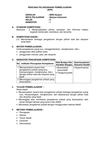RENCANA PELAKSANAAN PEMBELAJARAN
                               (RPP)

              SEKOLAH                 : MAN Awipari
              MATA PELAJARAN          : Bahasa Indonesia
              KELAS                   :X
              SEMESTER                :1

A.   STANDAR KOMPETENSI :
     Berbicara : 2. Mengungkapkan pikiran, perasaan, dan informasi melalui
                  kegiatan berkenalan, berdiskusi, dan bercerita

B.   KOMPETENSI DASAR :
     2.3 Menceritakan berbagai pengalaman dengan pilihan kata dan ekspresi
         yang tepat

C.   MATERI PEMBELAJARAN :
     Cerita pengalaman (yang lucu, menggembirakan, mengharukan, dsb.)
     • penggunaan diksi (pilihan kata)
     • penggunaan intonasi, jeda, dan ekspresi

D.   INDIKATOR PENCAPAIAN KOMPETENSI                 :
                                                Nilai Budaya Dan Kewirausahaan/
     No Indikator Pencapaian Kompetensi
                                                Karakter Bangsa Ekonomi Kreatif
      1 Menyampaikan secara lisan               • Bersahabat/    • Kepemimpinan
        pengalaman pribadi (yang lucu,            komunikatif
        menyenangkan, mengharukan, dsb.)        • Tanggung jawab
        dengan pilihan kata dan ekspresi yang
        tepat
      2 Menanggapi pengalaman pribadi yang
        disampaikan

E.   TUJUAN PEMBELAJARAN* :
     Siswa dapat:
     • Menyampaikan secara lisan pengalaman pribadi berbagai pengalaman (yang
        lucu, menyenangkan, mengharukan, dan sebahainya) dengan pilihan kata
        dan ekspresi yang tepat.
     • Menanggapi atau membahas pengalaman pribadi yang disampaikan oleh
        teman dengan bahasa yang santun dan efektif.
     • Menuliskan pengalaman pribadi dengan menggunakan kalimat efektif.

F.   METODE PEMBELAJARAN :
     • Penugasan
     • Diskusi
     • Tanya Jawab
     • Ceramah
     • Demonstrasi
 