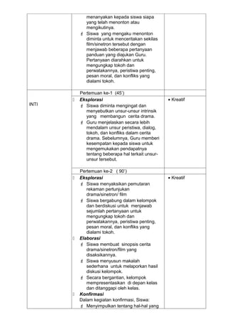 menanyakan kepada siswa siapa
             yang telah menonton atau
             mengikutinya.
            Siswa yang mengaku menonton
             diminta untuk menceritakan sekilas
             film/sinetron tersebut dengan
             menjawab beberapa pertanyaan
             panduan yang diajukan Guru.
             Pertanyaan diarahkan untuk
             mengungkap tokoh dan
             perwatakannya, peristiwa penting,
             pesan moral, dan konfliks yang
             dialami tokoh.

           Pertemuan ke-1 (45’)
          Eksplorasi                               • Kreatif
INTI        Siswa diminta mengingat dan
              menyebutkan unsur-unsur intrinsik
              yang membangun cerita drama.
            Guru menjelaskan secara lebih
              mendalam unsur peristiwa, dialog,
              tokoh, dan konfliks dalam cerita
              drama. Sebelumnya, Guru memberi
              kesempatan kepada siswa untuk
              mengemukakan pendapatnya
              tentang beberapa hal terkait unsur-
              unsur tersebut.

           Pertemuan ke-2 ( 90’)
          Eksplorasi                               • Kreatif
            Siswa menyaksikan pemutaran
              rekaman pertunjukan
              drama/sinetron/ film
            Siswa bergabung dalam kelompok
              dan berdiskusi untuk menjawab
              sejumlah pertanyaan untuk
              mengungkap tokoh dan
              perwatakannya, peristiwa penting,
              pesan moral, dan konfliks yang
              dialami tokoh.
          Elaborasi
            Siswa membuat sinopsis cerita
              drama/sinetron/film yang
              disaksikannya.
            Siswa menyusun makalah
              sederhana untuk melaporkan hasil
              diskusi kelompok.
            Secara bergantian, kelompok
              mempresentasikan di depan kelas
              dan ditanggapi oleh kelas.
          Konfirmasi
           Dalam kegiatan konfirmasi, Siswa:
            Menyimpulkan tentang hal-hal yang
 