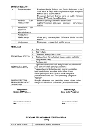 SUMBER BELAJAR
 V   Pustaka rujukan            Panduan Belajar Bahasa dan Sastra Indonesia untuk
                                SMA kelas X karya Alex Suryanto dan Agus Haryanto
                                terbitan ESIS 2007 halaman
                                Pengantar Bermain Drama karya A. Adjib Hamzah
                                terbitan CV Rosda Karya Bandung
        Material:     VCD,      rekaman pertunjukan drama secara utuh
        kaset, poster           cuplikan/potongan-potongan adengan pertunjukan
                                drama
V       Mediacetak dan
        elektronik
        Website internet
        Narasumber
        Model peraga            siswa yang memeragakan beberapa teknik bermain
                                drama
        Lingkungan              Lingkungan masyarakat sekitar siswa

PENILAIAN
                  V            Tes Lisan
                  V            Tes Tertulis
                  V            Observasi Kinerja/Demontrasi
TEKNIK DAN BENTUK V            Tagihan Hasil Karya/Produk: tugas, projek, portofolio
                               Pengukuran Sikap
                               Penilaian diri
                             Tugas untuk menonton dan menganalisis teknik bermain
INSTRUMEN /SOAL              para pemain dalam pertunjukan drama
                             Tugas untuk mendiskusikan dan mempresentasikan
                             hasil analisis dan apresiasi pertunjukan drama
                             Daftar pertanyaan Kuis uji teori untuk mengukur
                             pemahaman siswa atau konsep-konsep yang telah
                             dipelajari
RUBRIK/KRITERIA              Blangko observasi dan penilaian kinerja siswa dalam
PENILAIAN/BLANGKO            mengikuti diskusi dan presentasi (terlampir di bawah)
OBSERVASI

       Mengetahui :                                            Tasikmalaya,
    Kepala SMA/MA……                                         Guru Mata Pelajaran



    ………………………..                                              …………………….
    NIP. …...……………..                                         NIP. ………………




                 RENCANA PELAKSANAAN PEMBELAJARAN
                               (RPP)

MATA PELAJARAN                Bahasa dan Sastra Indonesia
 