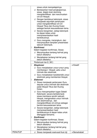 siswa untuk mempelajarinya.
               Berdasarkan hasil pengkajiannya,
                 siswa diajak brain storming
                 mengidentifikasi dan merumuskan
                 ciri-ciri hikayat.
               Dengan berdiskusi kelompok, siswa
                 menjawab sejumlah pertanyaan
                 untuk mengidentifikasi ciri-ciri
                 hikayat Tikus dan Kucing Hutan
                 sebagai bentuk kesusasteraan lama.
               Secara bergantian, setiap kelompok
                 ke depan kelas untuk
                 mempresentasikan hasil
                 berdiskusinya.
               Guru mengulas, merangkum, dan
                 menyimpulkan tampilan presenstasi
                 seluruh kelompok.
             Konfirmasi
              Dalam kegiatan konfirmasi, Siswa:
               Menyimpulkan tentang hal-hal yang
                 belum diketahui
               Menjelaskan tentang hal-hal yang
                 belum diketahui.
              Pertemuan ke-2 ( 90’)
             Eksplorasi                                  • Kreatif
               Guru menjelaskan unsur-unsur yang
                 membangun hikayat, yaitu unsur
                 intrinsik dan ekstrinsik.
               Guru menjelaskan karakteristik unsur
                 ekstrinsik yang membentuk hikayat.
             Elaborasi
               Siswa menjawab pertanyaan Guru
                 seputar unsur intrinsik dan ekstrinsik
                 pada hikayat Tikus dan Kucing
                 Hutan.
               Guru menyampaikan tugas Geladi
                 Kelompok: secara berkelompok
                 siswa membaca sendiri sebuah
                 hikayat, menganalisis unsur intrinsik
                 dan ekstrinsiknya, dan
                 mengidentifikasi ciri-cirinya sebagai
                 bentuk kesusasteraan lama.
               Secara bergantian, setiap kelompok
                 mempresentasikan hasil
                 berdiskusinya di depan kelas untuk
                 ditanggapi bersama.
             Konfirmasi
              Dalam kegiatan konfirmasi, Siswa:
               Menyimpulkan tentang hal-hal yang
                 belum diketahui
               Menjelaskan tentang hal-hal yang
                 belum diketahui.
PENUTUP        Siswa menjawab soal-soal Kuis Uji         • Bersahabat/
 